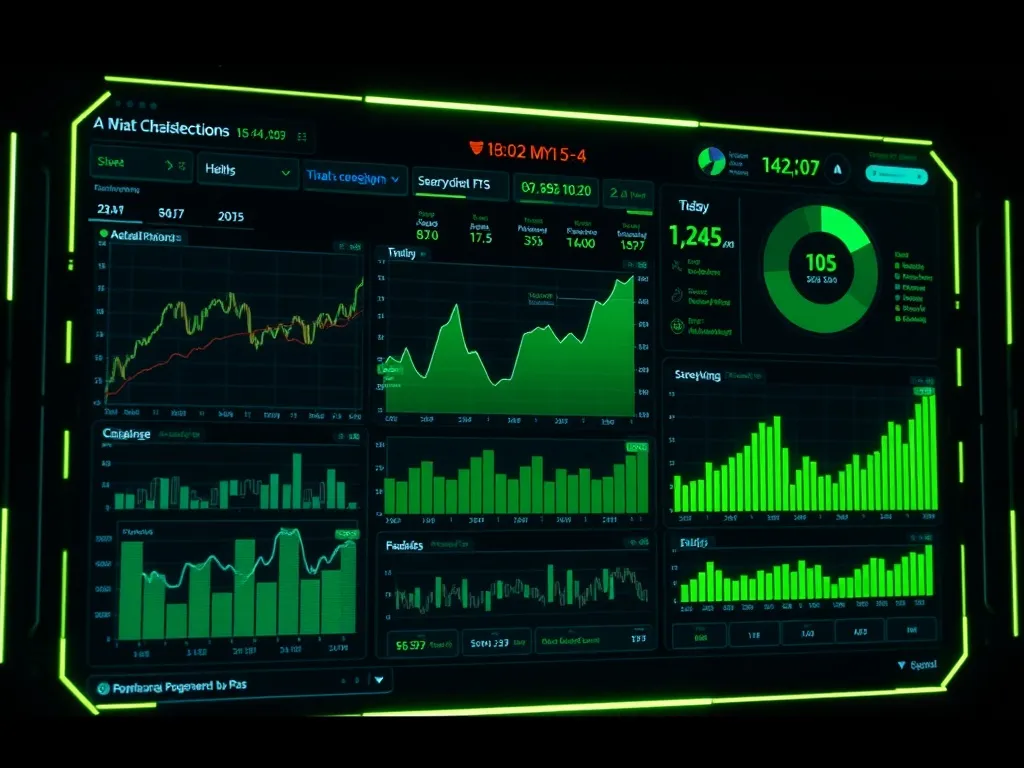 A high-tech digital interface showing financial charts and d