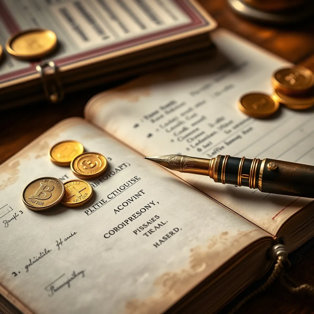 Vintage accounting ledger with an old fountain pen and golde
